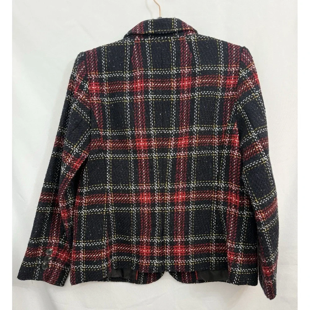 Talbots Aberdeen Plaid Tweed Wool Blend Black‎ Red Blazer Womens Size 12P Petite